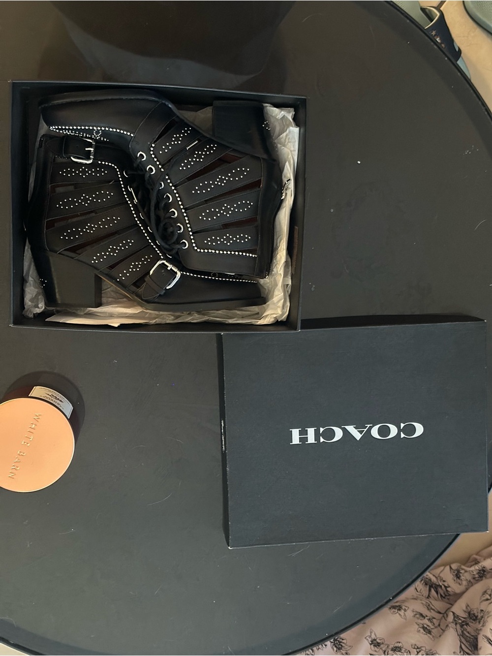 COACH Black Studded Lace-Up Ankle Booties with Buckle